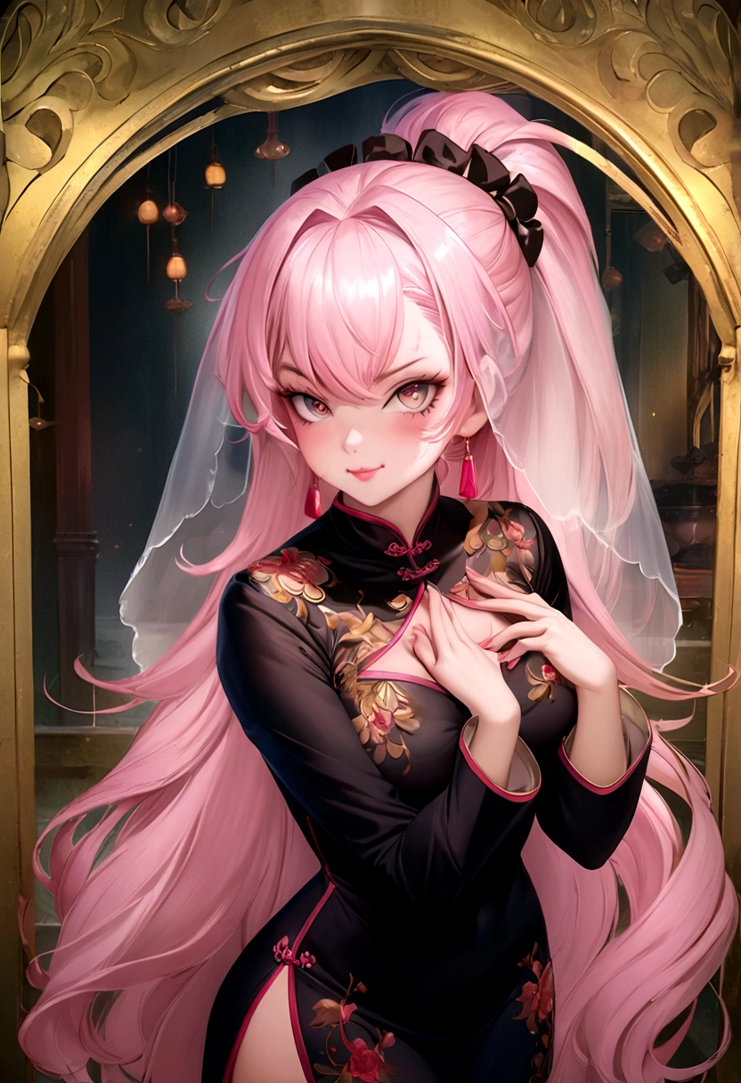 a 20 age chubby girl, your face has strong pink makeup, wearing a long black qipao, darkgolden eyes, beautiful detailed eyes, sensual pose, suggestive pose, evil smile, very long hair, lightred hair, long ponytail hair, light and transparent veil filling with charm and seduction, stunning beautiful artwork, maximalist, by artgerm, 8k anime artwork, 8k photo, trending on artstation. looking at the viewer, masterpiece, best quality