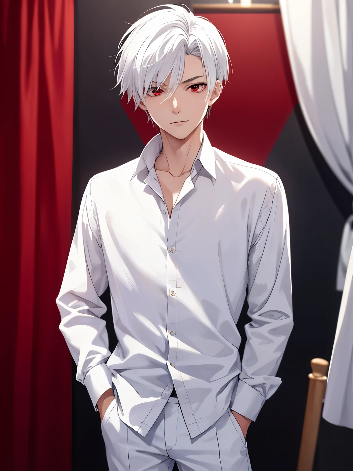 1boy,Standing, Hands crossed,cool style,side parted hair,18 years old,Standing,slight smile,red eyes,Long sleeve shirt, white shirt, white trousers,close up photo,handsome,side parted hair,short hair, straight hair, white hair, vampire, ultra detailed, ultra HD
