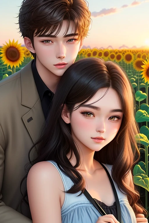 Holding sunflower at sunflower field and aggressive kissing and hugging
20-year-old boy and 18-year-old girl and.  Detailed face, double eyelid, hot vibes. Handsome-cool-warm-boy with brown hair and hot-seductive-sexy-cute-beautiful-girl with black hair and blushing face. Intimate vibes. 