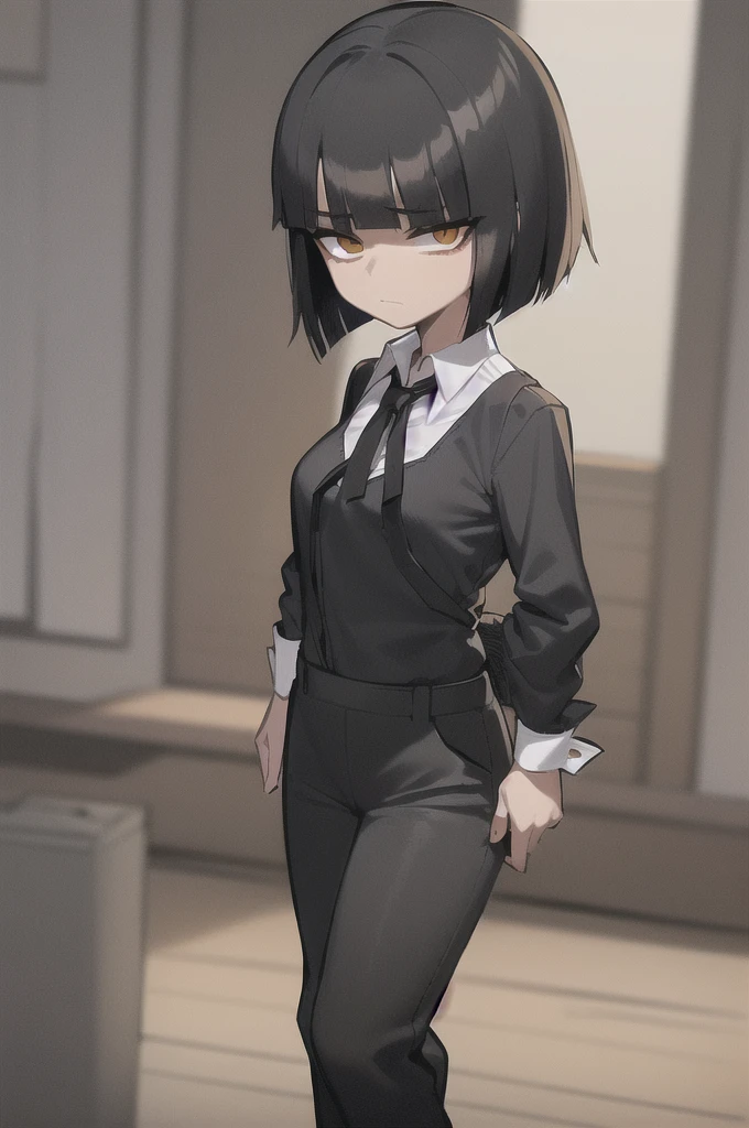 ((masterpiece, best quality)), (1girl), (solo), (female focus),, (women's office wear) (((((shy girl))))), (((standing up straight))), (((full body drawing))), ((((small breasts)))), ((((Mikoto Urabe Mysterious Girlfriend X anime style haircut)))), ((((hair bangs over eyes)))), (((black short messy bob-cut))), ((((((eyes not visible due to being covered by hair bangs)))))), ((((black high-waist long slacks)))), ((black suspenders)), (((black tie))), (((women's dress shirt))), ((women's dress shoes)), (((20-year-old Office Lady))), ((((Office Setting)))).