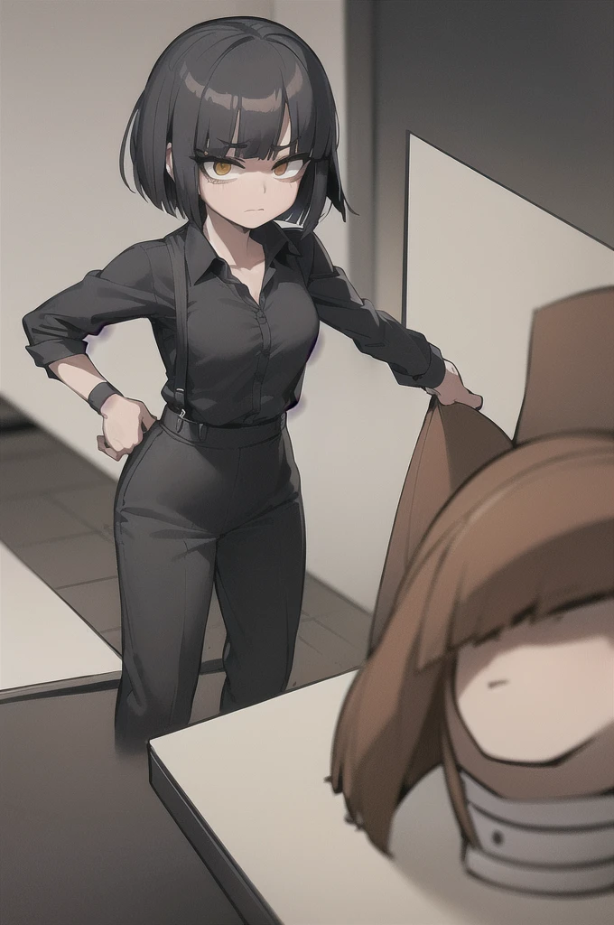 ((masterpiece, best quality)), (1girl), (solo), (female focus),, (women's office wear) (((((shy girl))))), (((standing up straight))), (((full body drawing))), ((((small breasts)))), ((((Mikoto Urabe Mysterious Girlfriend X anime style haircut)))), ((((hair bangs over eyes)))), (((black short messy bob-cut))), ((((((eyes not visible due to being covered by hair bangs)))))), ((((black high-waist long slacks)))), ((black suspenders)), (((black tie))), (((women's dress shirt))), ((women's dress shoes)), (((20-year-old Office Lady))), ((((Office Setting)))).