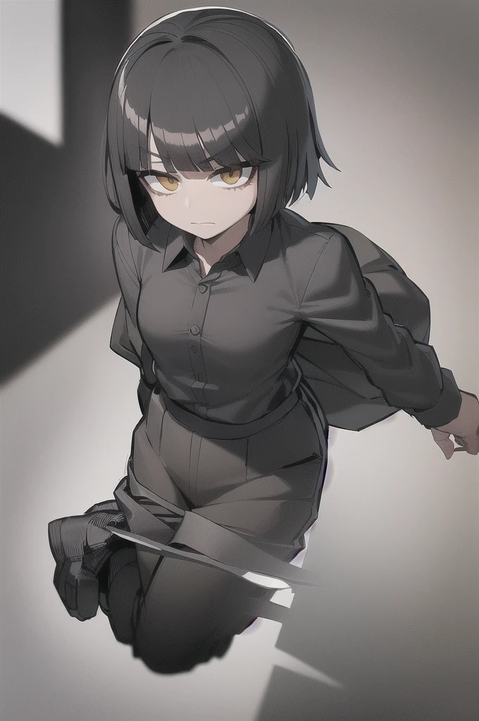 ((masterpiece, best quality)), (1girl), (solo), (female focus),, (women's office wear) (((((shy girl))))), (((standing up straight))), (((full body drawing))), ((((small breasts)))), ((((Mikoto Urabe Mysterious Girlfriend X anime style haircut)))), ((((hair bangs over eyes)))), (((black short messy bob-cut))), ((((((eyes not visible due to being covered by hair bangs)))))), ((((black high-waist long slacks)))), ((black suspenders)), (((black tie))), (((women's dress shirt))), ((women's dress shoes)), (((20-year-old Office Lady))), ((((Office Setting)))).