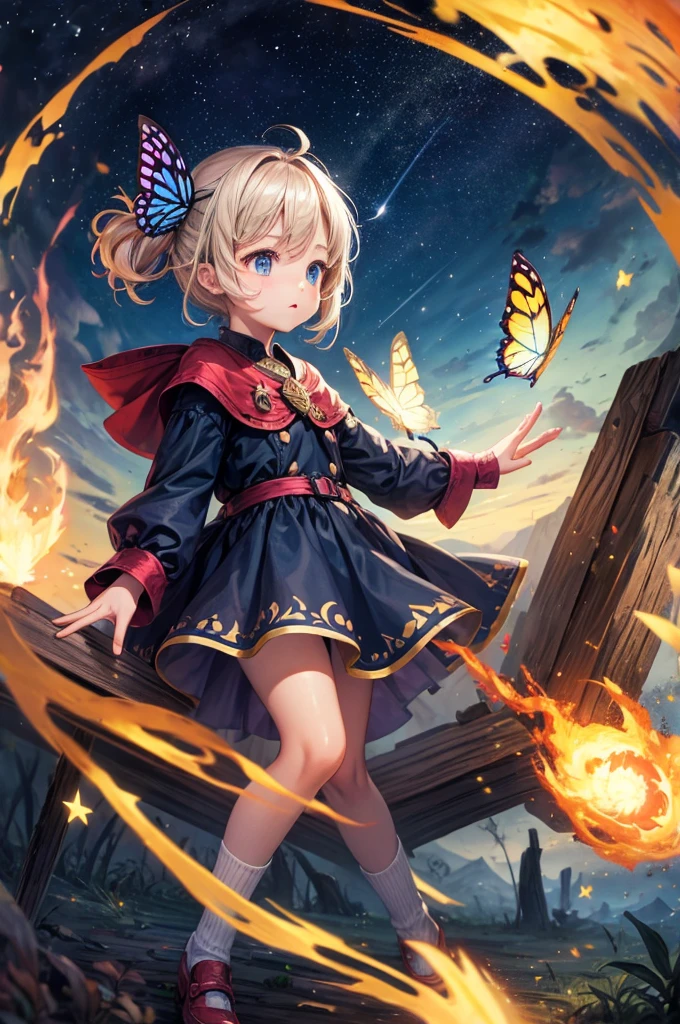 as a kids, girl play with book with backgroundd universes and butterfly, with stars and fire and cute