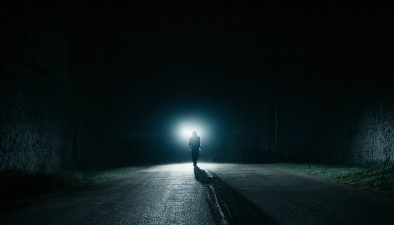 man walking alone, with his back to the camera, sinister street, car with headlights on