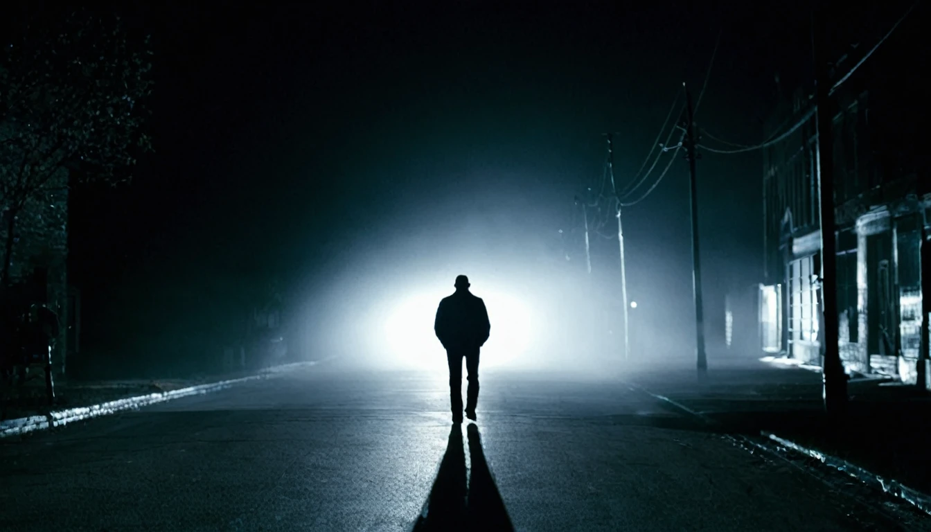 man walking alone, with his back to the camera, sinister street, car with headlights on