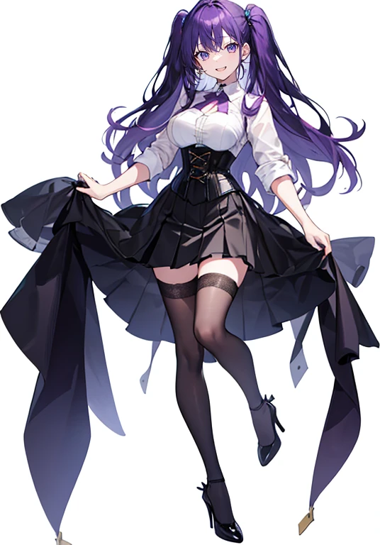 Purple Hair,Long Hair,Adult female,White Y-shirt,((Roll up her sleeves)),(((Roll up your sleeves))),(corset),(Black tight skirt),(High heels),((A simple, blank white background)),smile,((full body)),((whole body)),