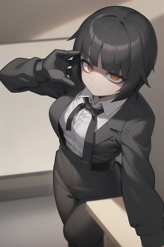 ((masterpiece, best quality)), (1girl), (solo), (female focus),, (women's office wear) (((((shy girl))))), (((standing up straight))), (((full body drawing))), ((((small breasts)))), ((((Mikoto Urabe Mysterious Girlfriend X anime style haircut)))), ((((hair bangs over eyes)))), (((black short messy bob-cut))), ((((((eyes not visible due to being covered by hair bangs)))))), ((((black high-waist long slacks)))), ((black suspenders)), (((black tie))), (((women's dress shirt))), ((women's dress shoes)), (((20-year-old Office Lady))), ((((Office Setting))))