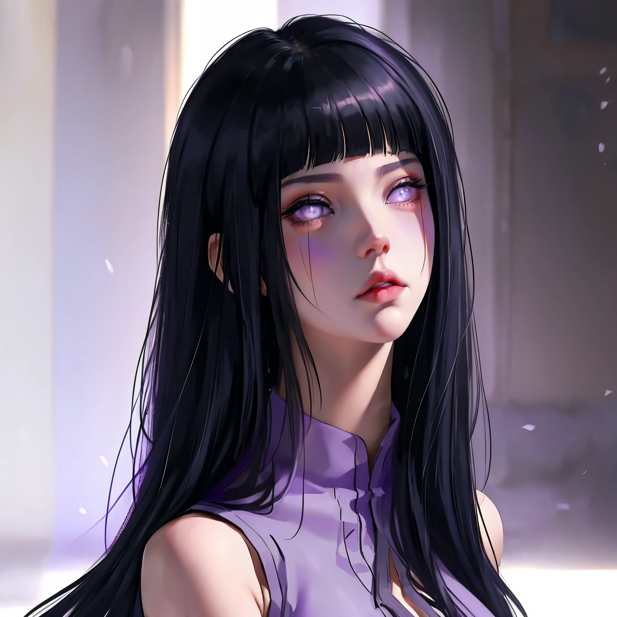 1girl, adult, Hinata Hyuga, the last, shy girl, long black hair, blunt bangs, dark hair, Voluminous hair, lavender eyes, no pupils, Lavender Sleeveless Blouse, big breasts, slim waist, close up masterpiece, best quality, Professional, realistic.