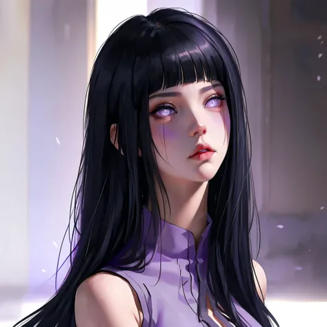 1girl, adult, hinata hyuga, the last, shy girl, long black hair, blunt bangs, dark hair, voluminous hair, lavender eyes, no pupi...