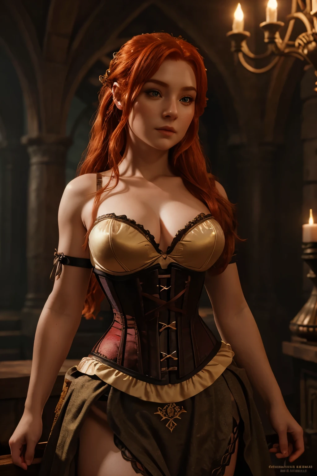 a redheaded female gnome in a full-length corset, detailed face and eyes, high quality, photorealistic, 8k, cinematic lighting, fantasy art, warm color palette, intricate details, elegant pose, mystical atmosphere