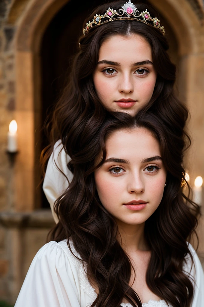 Two young girls in white dresses posing for a photo, cartoon, drawing, oil painting, realistic, painting, 4K, sharpness, --auto --s2