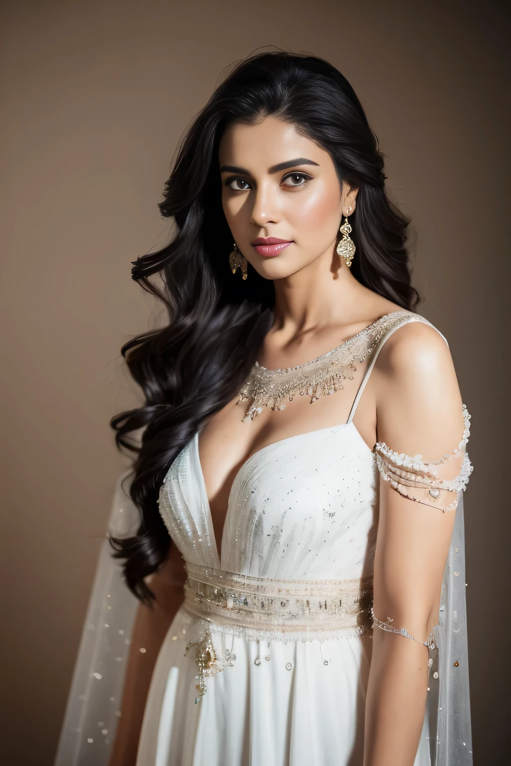 40 years old lady confident-looking Indian woman with long, flowing hair, hazelnut eyes, topless, seios perfeitos, perfect composition, hiper-realista, super detalhado, 8k, alta qualidade, arte em alta, trending on ArtStation, sharp focus, Fotografia Selva, detalhes intrincados, altamente detalhado, Arte de Greg Rutkowski roupa roxa, preta e dourada.