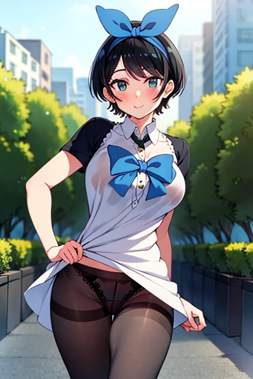 (masterpiece, best quality, ultra-detailed), 1girl, looking at viewer, standing, RukaSarashina, blue ribbon, black hair, short hair, smile, green eyes, , black pantyhose, standing, black laofers, show panties, white dress,