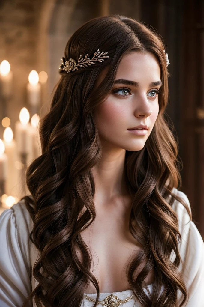 crea una imagen de una princesa medieval, 19 years old with deep violet eyes, wavy brown hair, rostro Redondo y expresivo. En una boda Targaryen valyria vestida de novia