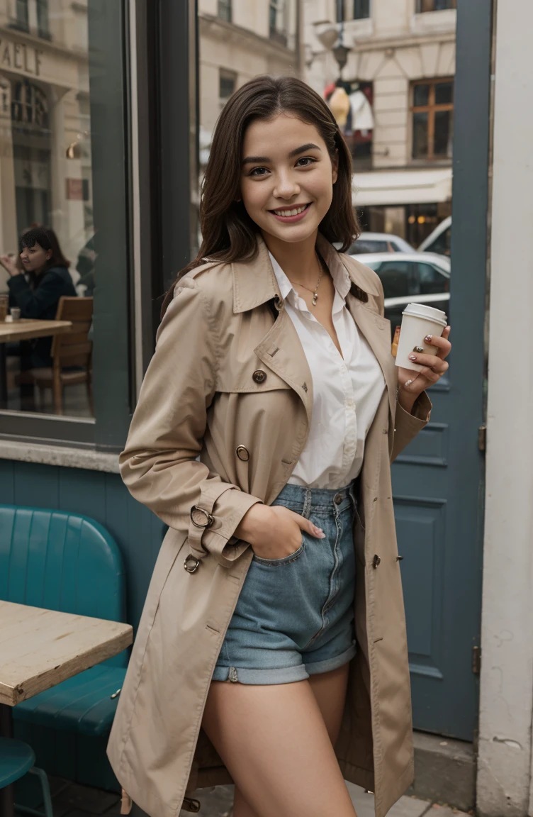 a girl setting on a cafe looks happy,wearing JANICE LUXE SHORT TRENCHCOAT