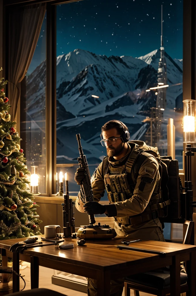 Science fiction, NavidadTech,
 (rifle en la mesa) , (fondo sencillo:1.3), , producto comercial,