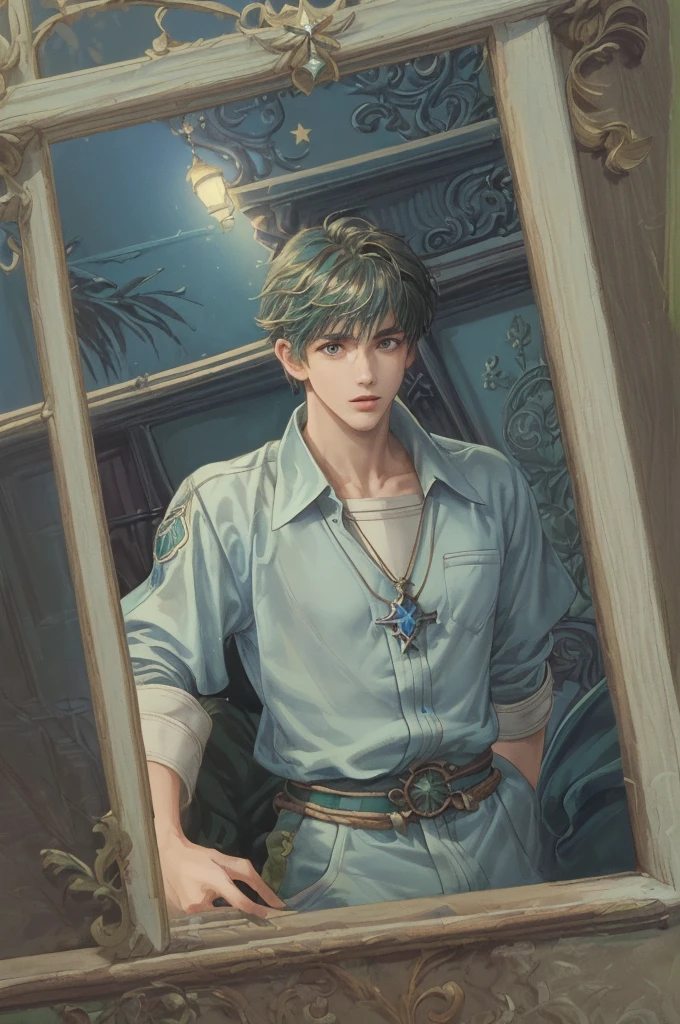 (((Best quality)), ((masterpiece)), (detailed), ((perfect face)), ((halfbody)) handsome face, male, teen boy, perfect proportions , colorful vibe ((character from star ocean , male version)) gnostic interior, gnostic scene