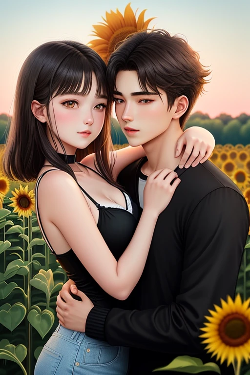 Holding sunflower at sunflower field and aggressive kissing and hugging. The girl like fatamorgana
20-year-old boy and 18-year-old girl and. Detailed face, double eyelid, hot vibes. Handsome-cool-warm-boy with brown hair and hot-seductive-sexy-cute-beautiful-girl with black hair and blushing face. Intimate vibes.