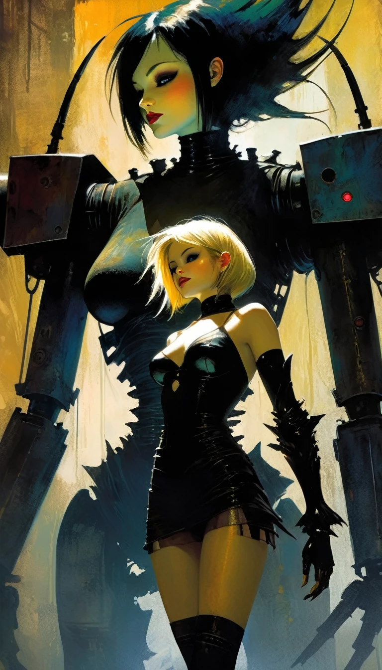 gothic punk sexy girl in love with robot giant monster (inspirational art by Dave McKean and Bill Sienkiewicz, oil painting, details of brush strokes that enhance depth) (best quality,4k,8k,highres,masterpiece:1.2),ultra-detailed,(realistic,photorealistic,photo-realistic:1.37),intricate details,vivid colors,sharp focus,professional,Dave McKean artwork, oil touch of surrealism,oil painting style,,dreamlike atmosphere,girl and giant robot, giant monster robot, sexy girl,shadow play,soft lighting,playful pose,minimalist room,dark hues,ethereal background,fantasy elements,texture,layered composition.
