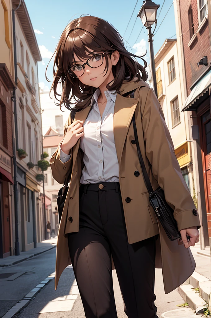 Create the image of a small town, dos personajes, una mujer con falda larga, lentes, long brown hair and wearing a coat and holding a book, y un hombre algo delgado, con lentes, cabello corto, pants, camisa y corbata, sosteniendo un ramo de flores, el pueblo tranquilo, cielos despejados, good lighting