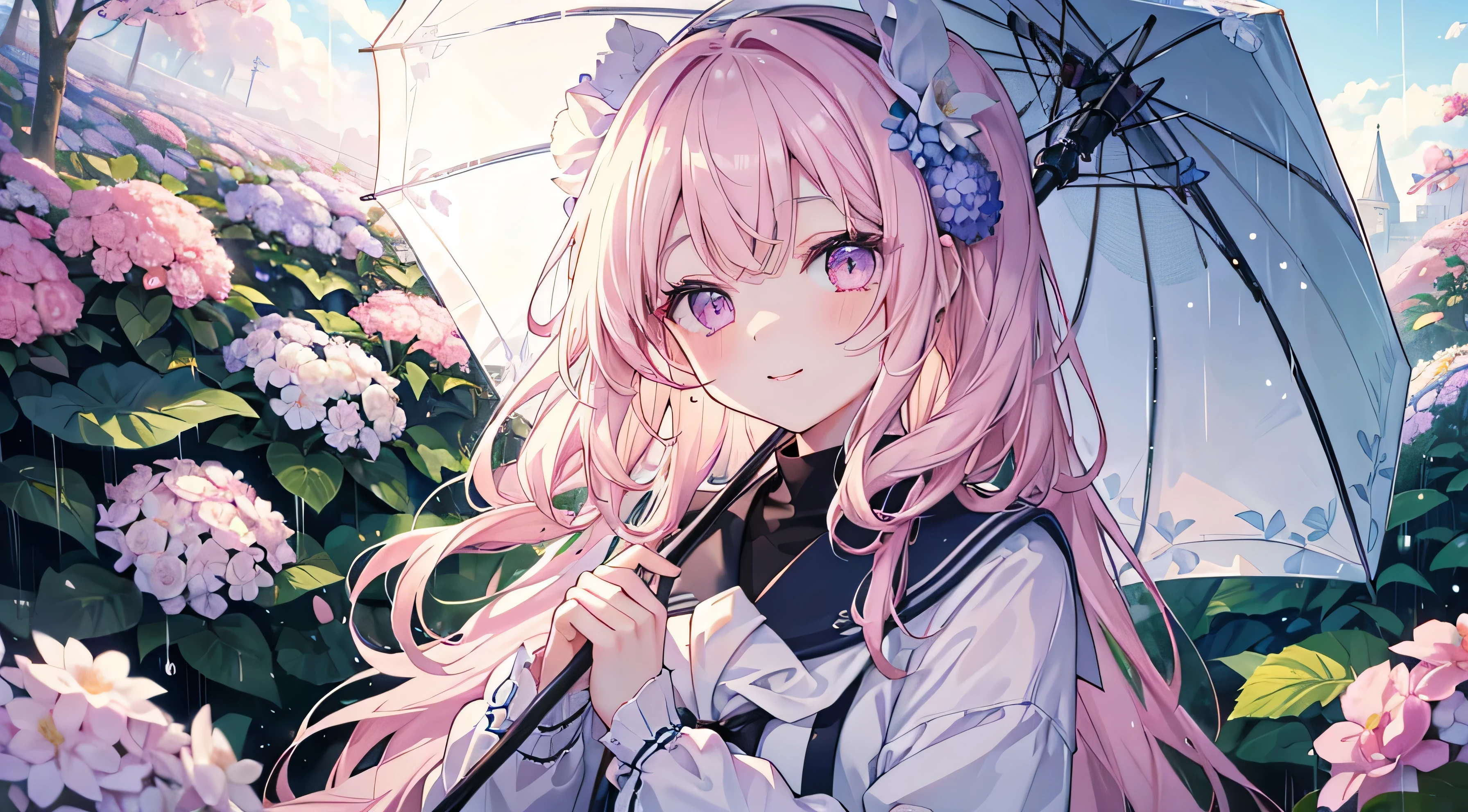 (((Highest quality、masterpiece、Ultra-fine、Ultra-fine、Exquisite、16k、Full HD,high school girl,))) 、((Sad), (((Looking up)))) 、((I'm holding an umbrella)),Hydrangea flowers blooming in the rain、Dark Eyes、Long eyelashes、White skin、(Pale pink lips、Pale pink cheeks、thin and long)、 ((cute)) ((one person)) 、((The best smile)) 、