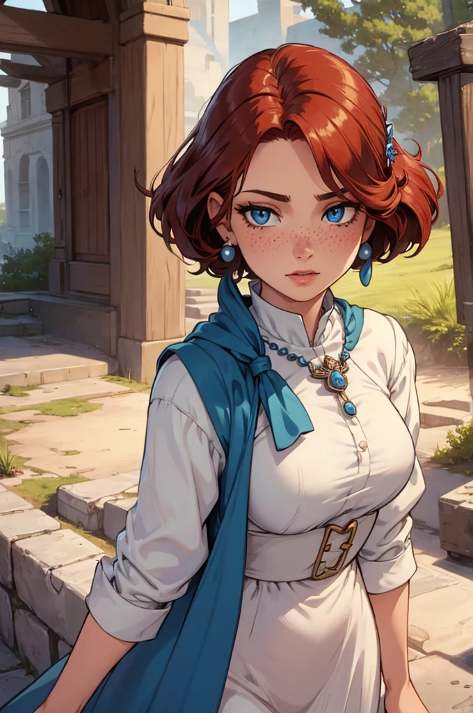 High definition, 4K, HD, 8K, Best Quality, Masterpiece, 1woman, historical early World War One 1900s American woman outfit, hair ornament, dress, ivory brooch, pearl earrings, medium length hair, brownish red hair, beautiful face solo, beautiful blue eyes, fair skin, some freckles, nude, naked, appealing to the female gaze