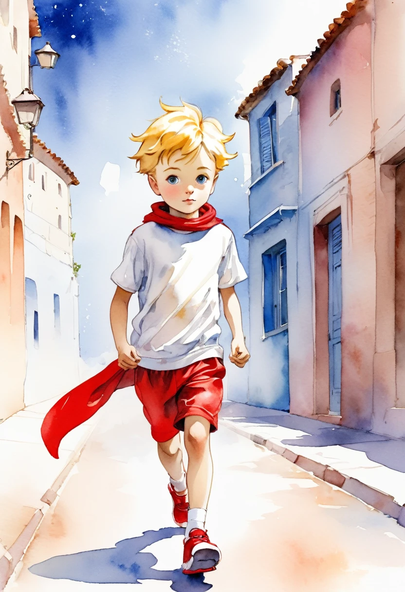 Le Petit Prince de Saint-Exupéry en train de courir, avec un regard déterminé, chaussures de sport rouge, short de sport blanc, t-shirt de sport rouge, style aquarelle, colored