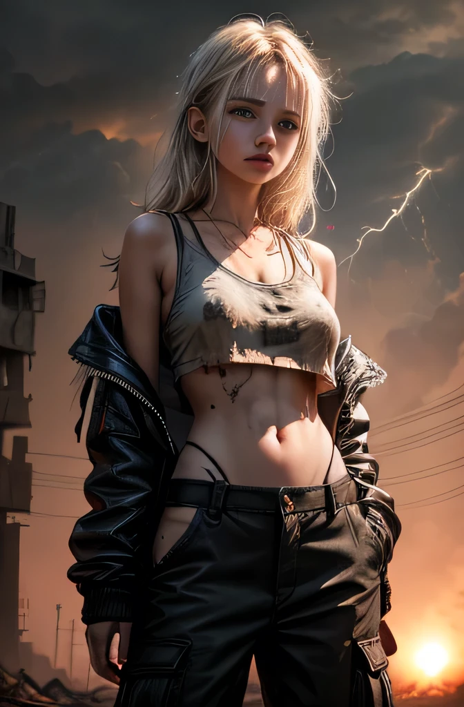 "Oil painting, 
((resilient)) girl standing amidst nuclear wasteland ruins, delicate flowers emerging from the desolation, ominous clouds casting shadows,  fires, explosions, dust, lightning, sunset, lens flare.
((haunting beauty)), post-apocalyptic masterpiece".
25 year old girl, tattered rags of clothes, short dirty blonde hair, desperate sad expression, (white torn oversized loose crop top, underboob), (black low waist cargo pants, panties strap showing), open jacket, realistic face, exhausted, 
low key lighting, moody, gritty, edgy.