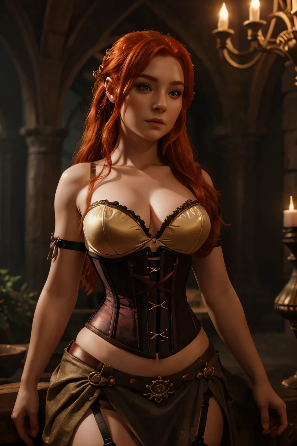a redheaded female gnome in a full-length corset, detailed face and eyes, high quality, photorealistic, 8k, cinematic lighting, fantasy art, warm color palette, intricate details, elegant pose, mystical atmosphere