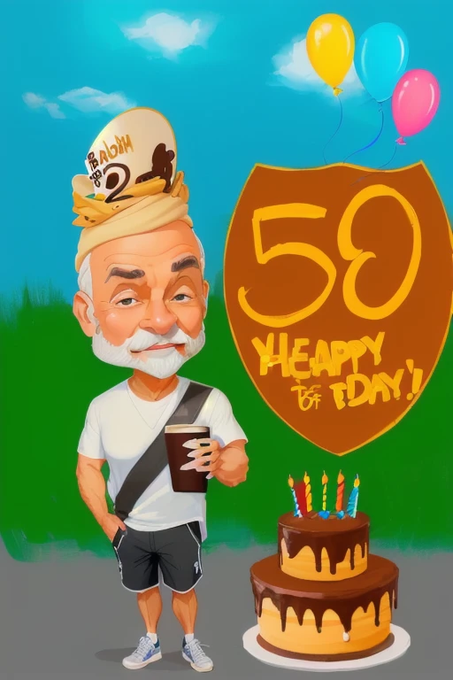 Digital painting of a caricature-style man, with his body smaller than his head, wearing a white blouse, black shorts, with a Mug of Choop in his hand, next to a Chocolate Cake, a birthday cake, with a 50th anniversary celebration sign, man in a cap with a brim. Cap turned backwards, beige cap, with the other hand in the pocket of his shorts, gray sneakers, Man with a gray beard, 8k.