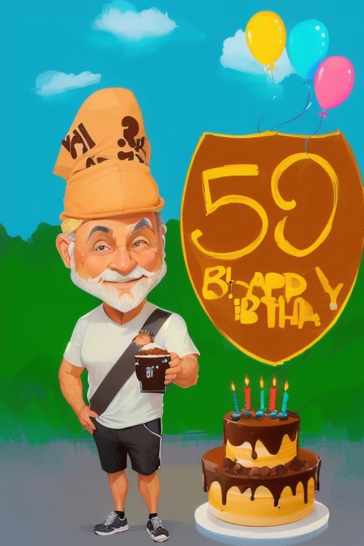 Digital painting of a caricature-style man, with his body smaller than his head, wearing a white blouse, black shorts, with a Mug of Choop in his hand, next to a Chocolate Cake, a birthday cake, with a 50th anniversary celebration sign, man in a cap with a brim. Cap turned backwards, beige cap, with the other hand in the pocket of his shorts, gray sneakers, Man with a gray beard, 8k.