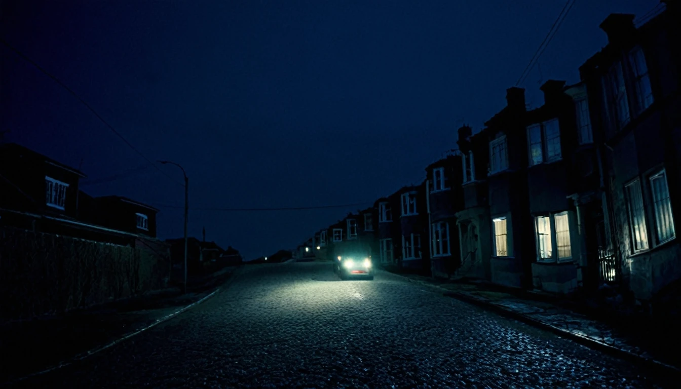 lonely car with headlights on, street with several houses, ominous night, a man approaching the car