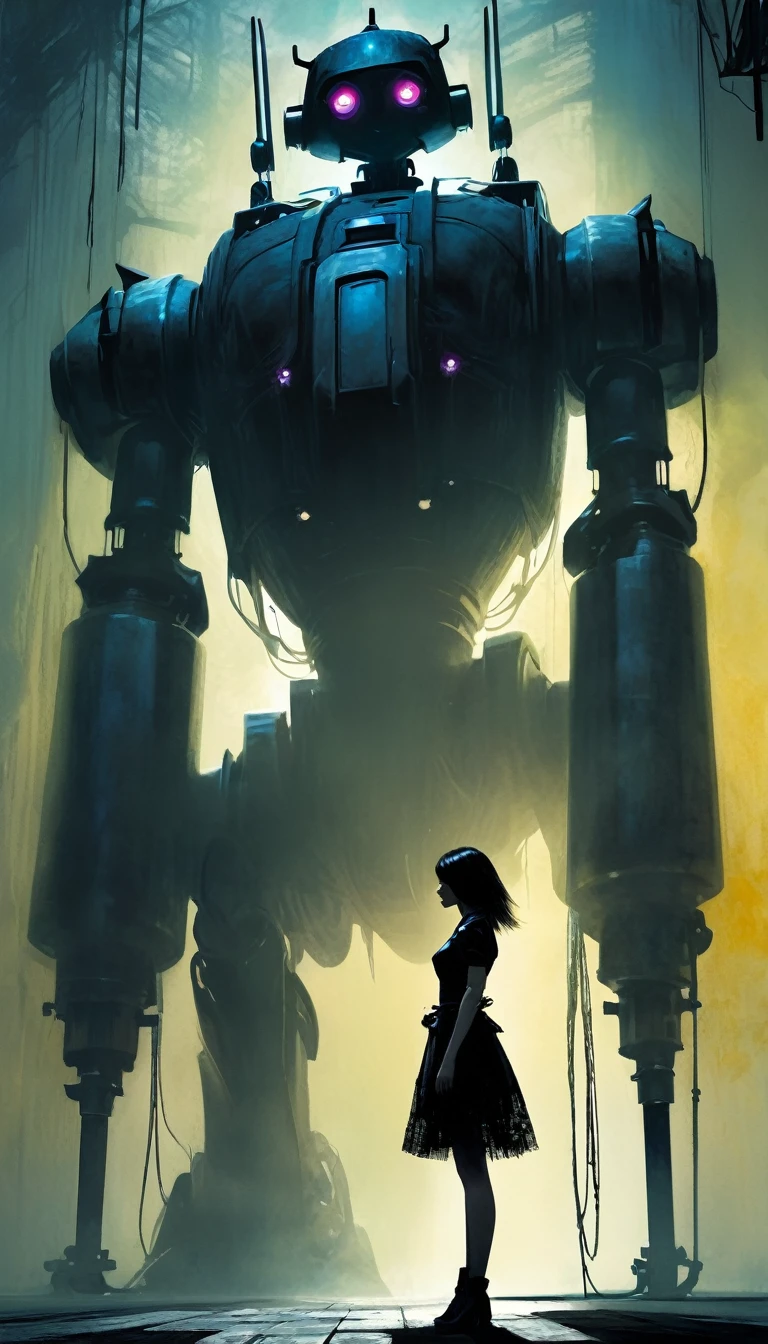 gothic punk sexy girl in love with robot giant monster (inspirational art by Dave McKean and Bill Sienkiewicz, oil painting, details of brush strokes that enhance depth) (best quality,4k,8k,highres,masterpiece:1.2),ultra-detailed,(realistic,photorealistic,photo-realistic:1.37),intricate details,vivid colors,sharp focus,professional,Dave McKean artwork, oil touch of surrealism,oil painting style,,dreamlike atmosphere,girl and giant robot, giant monster robot, sexy girl,shadow play,soft lighting,playful pose,minimalist room,dark hues,ethereal background,fantasy elements,texture,layered composition.