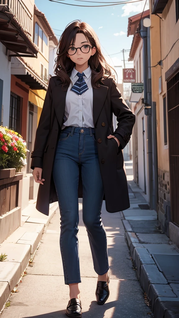 Create the image of a small town, dos personajes, una mujer con falda larga, lentes, long brown hair and wearing a coat and holding a book, y un hombre algo delgado, con lentes, cabello corto, pants, camisa y corbata, sosteniendo un ramo de flores, el pueblo tranquilo, cielos despejados, good lighting , Create the image of a small town, dos personajes, una mujer con falda larga, lentes, long brown hair and wearing a coat and holding a book, y un hombre algo delgado, con lentes, cabello corto, pants, camisa y corbata, sosteniendo un ramo de flores, el pueblo tranquilo, cielos despejados, good lighting