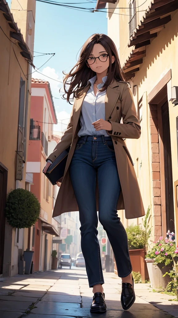 Create the image of a small town, dos personajes, una mujer con falda larga, lentes, long brown hair and wearing a coat and holding a book, y un hombre algo delgado, con lentes, cabello corto, pants, camisa y corbata, sosteniendo un ramo de flores, el pueblo tranquilo, cielos despejados, good lighting , Create the image of a small town, dos personajes, una mujer con falda larga, lentes, long brown hair and wearing a coat and holding a book, y un hombre algo delgado, con lentes, cabello corto, pants, camisa y corbata, sosteniendo un ramo de flores, el pueblo tranquilo, cielos despejados, good lighting