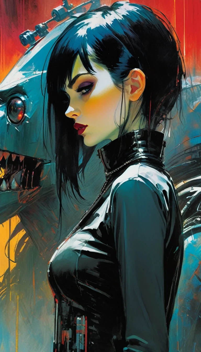 gothic punk sexy girl in love with robot giant monster (inspirational art by Bill Sienkiewicz, oil painting, details of brush strokes that enhance depth) 