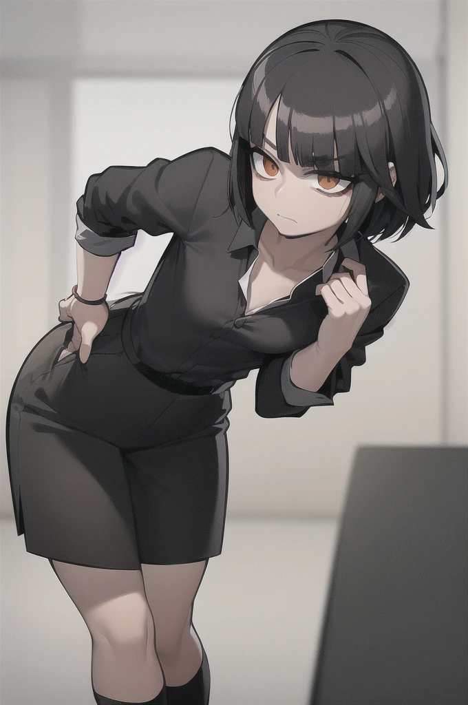 A 14-year-old girl with short brown hair that curls at the ends and freckles on her face. She was dressed in a black vest, revealing a white dress shirt beneath with rolled-up sleeves and a red tie. Black pants and shoes completed her attire. Her eyes, identical to her dark brown hair, were chocolate brown