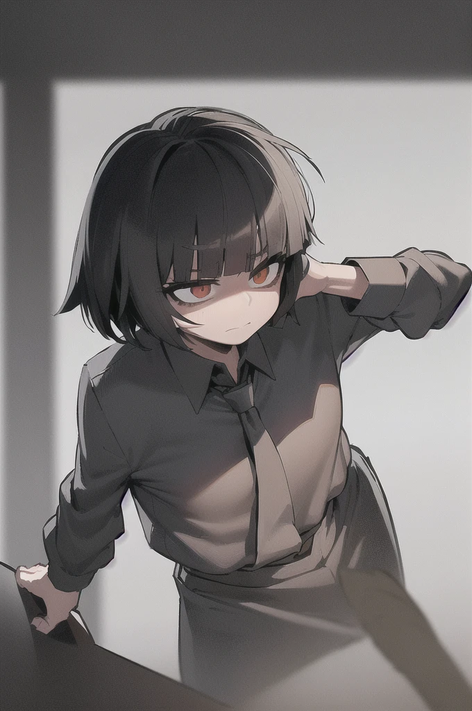 ((masterpiece, best quality)), (1girl), (solo), (female focus), (women's office wear), (((((shy girl))))), (((standing up straight))), (((full body drawing))), ((((small breasts)))), ((((Mikoto Urabe Mysterious Girlfriend X anime style haircut)))), ((((hair bangs over eyes)))), (((black short messy bob-cut))), ((((((eyes not visible due to being covered by hair bangs)))))), ((((black high-waist long slacks)))), ((black suspenders)), (((black tie))), (((women's dress shirt))), ((women's dress shoes)), (((20-year-old Office Lady))), ((((Office Setting))))