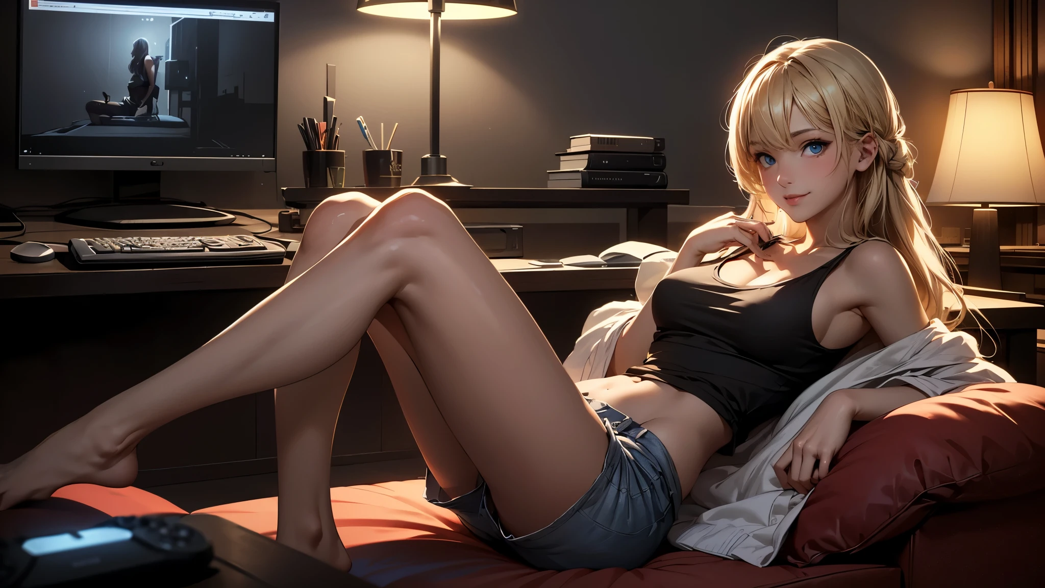 Create a masterpiece, high-quality image of a beautiful, sexy anime lofi girl with long blonde hair sitting at her gaming PC in a cozy lounge setting. She has bright blue eyes and is smiling, looking directly at the camera. She is wearing a tank top and shorts, showing her shoulder and midriff. The scene should be warm and inviting, with soft ambient lighting and comfortable seating. The gaming setup includes a high-end PC with multiple monitors, RGB lighting, and various gaming accessories. The overall atmosphere is relaxed and serene. The image should have a high resolution and be super detailed, with the girl barefoot and the setting illuminated by a small lamp, creating a sense of depth and intimacy