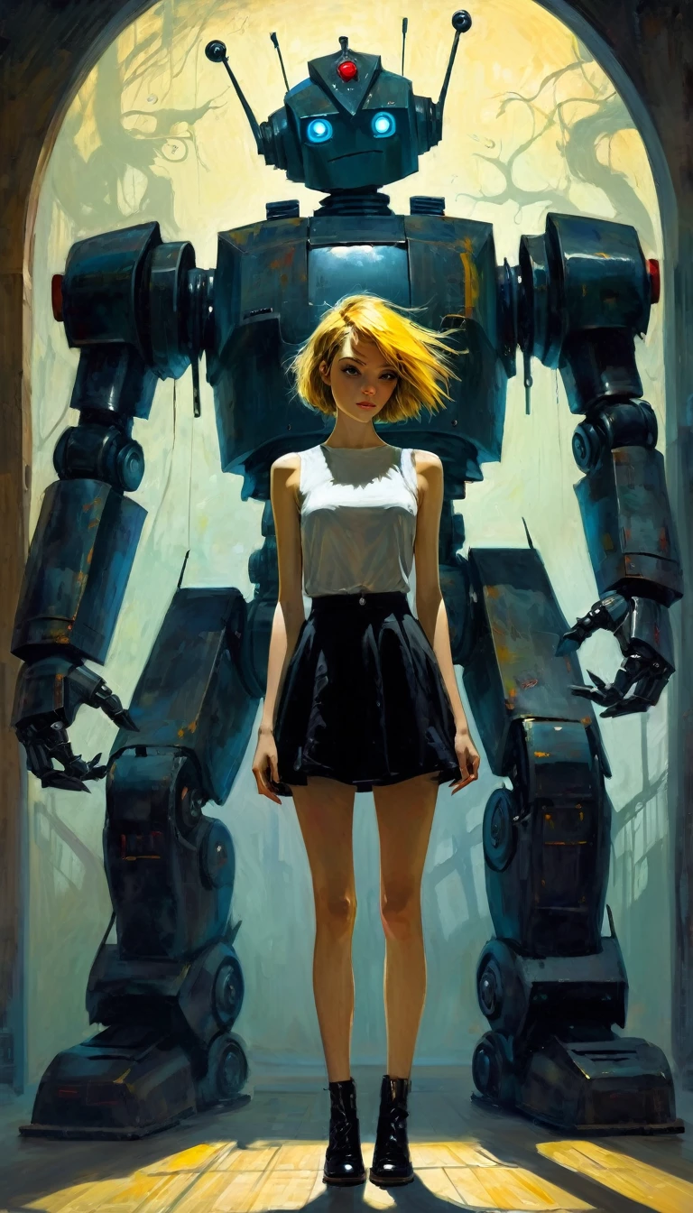 gothic punk sexy girl in love with robot giant monster (inspirational art by Dave McKean and Bill Sienkiewicz, oil painting, details of brush strokes that enhance depth) (best quality,4k,8k,highres,masterpiece:1.2),ultra-detailed,(realistic,photorealistic,photo-realistic:1.37),intricate details,vivid colors,sharp focus,professional,Dave McKean artwork, oil touch of surrealism,oil painting style,,dreamlike atmosphere,girl and giant robot, giant monster robot, sexy girl,shadow play,soft lighting,playful pose,minimalist room,dark hues,ethereal background,fantasy elements,texture,layered composition.