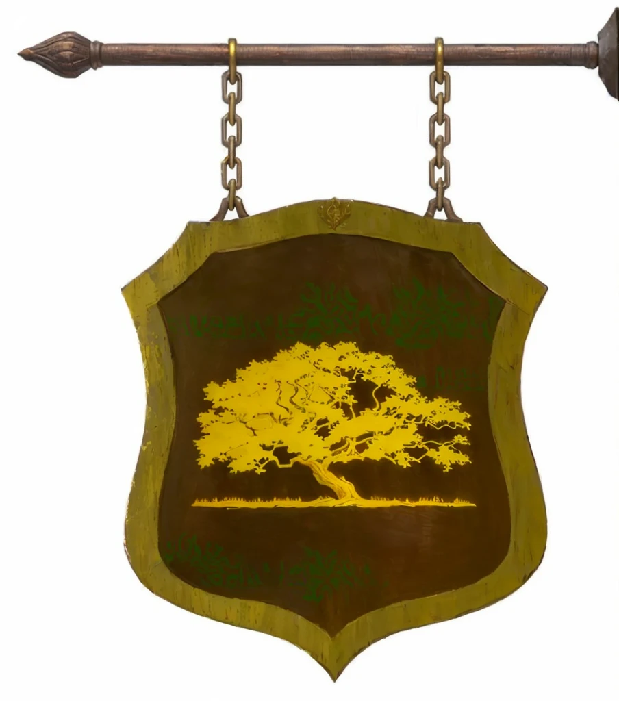 Um close de uma placa de madeira escura envelhecida com marcas de pintura antiga em verde, a carved golden tree, em alto relevo, Coat of arms, fantasy escudo, emblema de guilda, escudo, arte digital, alta qualidade, moldura em metal dourado