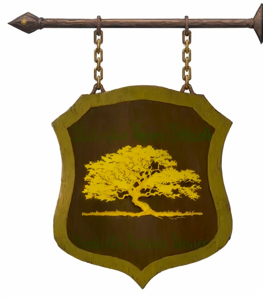 Um close de uma placa de madeira escura envelhecida com marcas de pintura antiga em verde, a carved golden tree, em alto relevo, Coat of arms, fantasy escudo, emblema de guilda, escudo, arte digital, alta qualidade, moldura em metal dourado