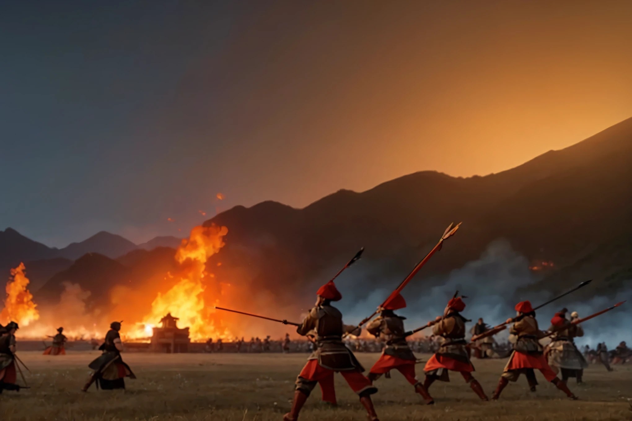 A wide angle scene on the great Chinese battlefield between the two palaces. There are fights everywhere. Soldiers fought using javelins and bows, with flaming arrows shooting back and forth. There were wounded and dead people all over the battlefield. The background was a sea of fire. The sky is red-orange