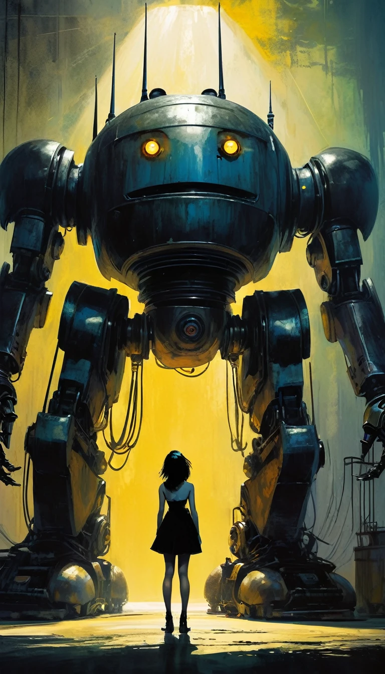gothic punk sexy girl in love with robot giant monster (inspirational art by Dave McKean and Bill Sienkiewicz, oil painting, details of brush strokes that enhance depth) (best quality,4k,8k,highres,masterpiece:1.2),ultra-detailed,(realistic,photorealistic,photo-realistic:1.37),intricate details,vivid colors,sharp focus,professional,Dave McKean artwork, oil touch of surrealism,oil painting style,,dreamlike atmosphere,girl and giant robot, giant monster robot, sexy girl,shadow play,soft lighting,playful pose,minimalist room,dark hues,ethereal background,fantasy elements,texture,layered composition.
