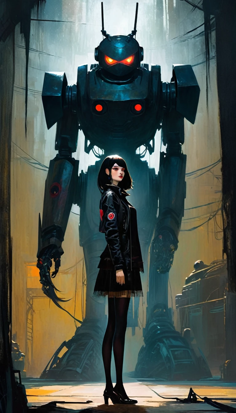 gothic punk sexy girl in love with robot giant monster (inspirational art by Dave McKean and Bill Sienkiewicz, oil painting, details of brush strokes that enhance depth) (best quality,4k,8k,highres,masterpiece:1.2),ultra-detailed,(realistic,photorealistic,photo-realistic:1.37),intricate details,vivid colors,sharp focus,professional,Dave McKean artwork, oil touch of surrealism,oil painting style,,dreamlike atmosphere,girl and giant robot, giant monster robot, sexy girl,shadow play,soft lighting,playful pose,minimalist room,dark hues,ethereal background,fantasy elements,texture,layered composition.