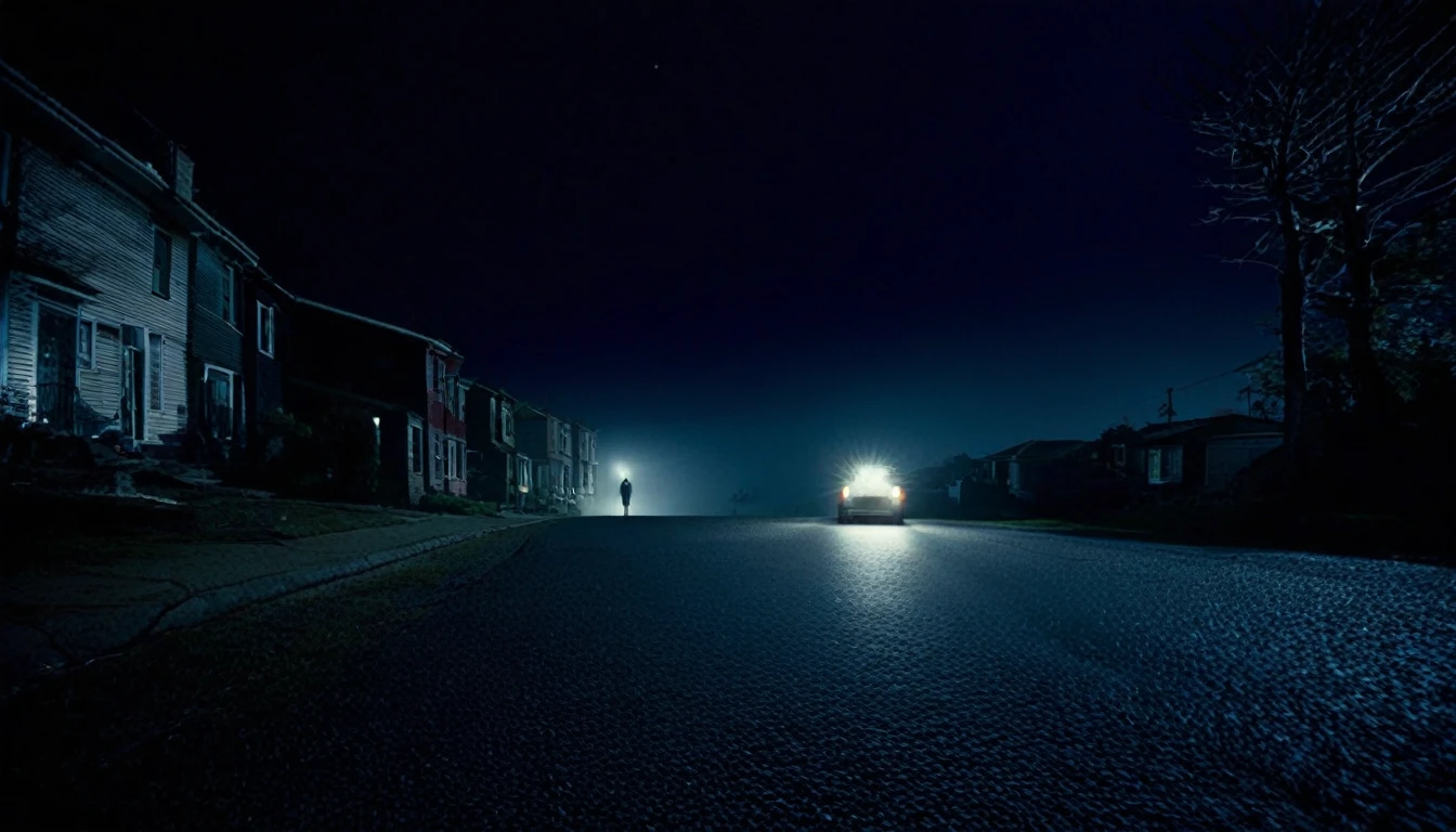 lonely car with headlights on, street with several houses, ominous night, a man approaching the car