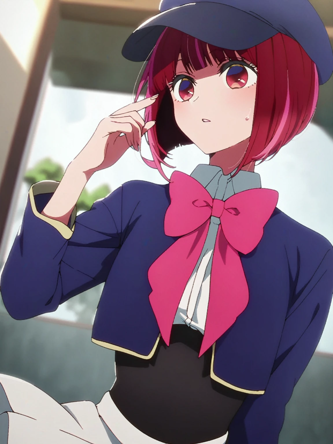 1girl, arimakana, red hair, short hair, red eyes, bob cut, BREAK
 hat, , white shirt, blue jacket, pink bow, black corset, white skirt, cropped jacket, BREAK
score_9, score_8_up, score_7_up, score_6_up, score_5_up, score_4_up, anime