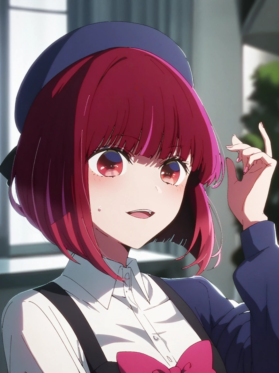 1girl, arimakana, red hair, short hair, red eyes, bob cut, BREAK
 hat, , white shirt, blue jacket, pink bow, black corset, white skirt, cropped jacket, BREAK
score_9, score_8_up, score_7_up, score_6_up, score_5_up, score_4_up, anime