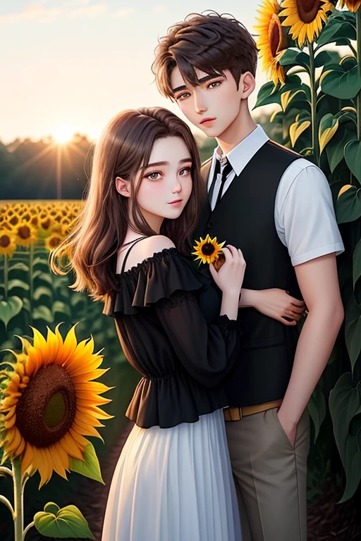 Holding sunflower at sunflower field and aggressive kissing and hugging. Fairy
20-year-old boy and 18-year-old girl and. Detailed face, double eyelid, hot vibes. Handsome-cool-warm-boy with brown hair and hot-seductive-sexy-cute-beautiful-girl with black hair and blushing face. Intimate vibes.