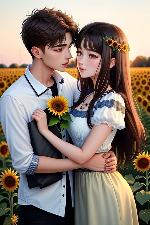 Holding sunflower at sunflower field and aggressive kissing and hugging. Fairy
20-year-old boy and 18-year-old girl and. Detailed face, double eyelid, hot vibes. Handsome-cool-warm-boy with brown hair and hot-seductive-sexy-cute-beautiful-girl with black hair and blushing face. Intimate vibes.